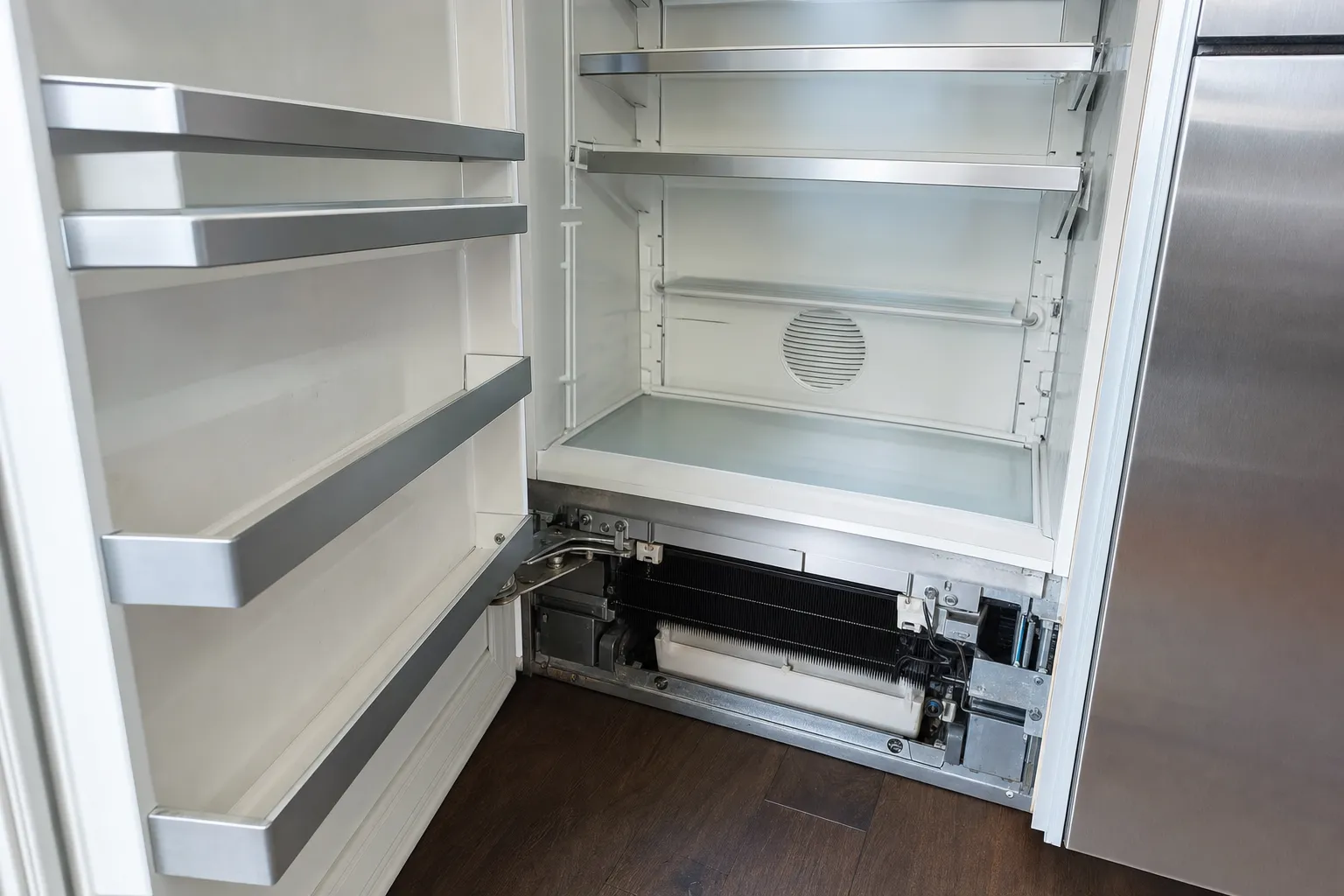Built-in refrigerator standing open with the lower kick panel removed, exposing the coil assembly and valves