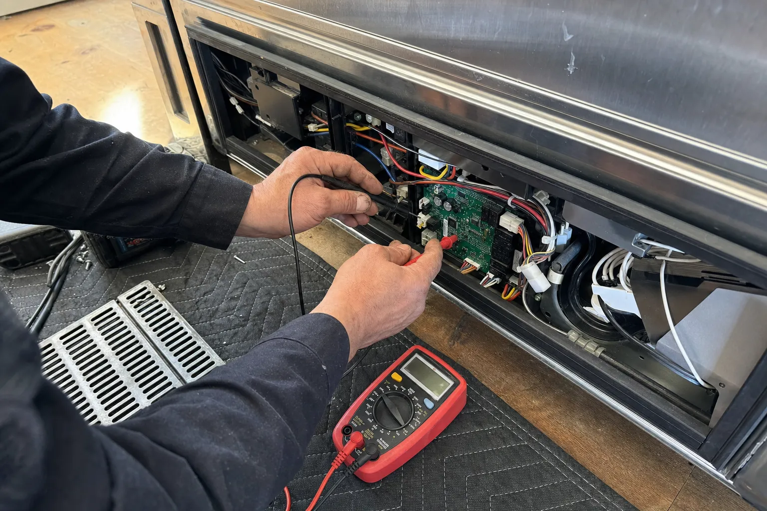 Close-up of multimeter probes on a green control board in an appliance's lower service bay, grille removed