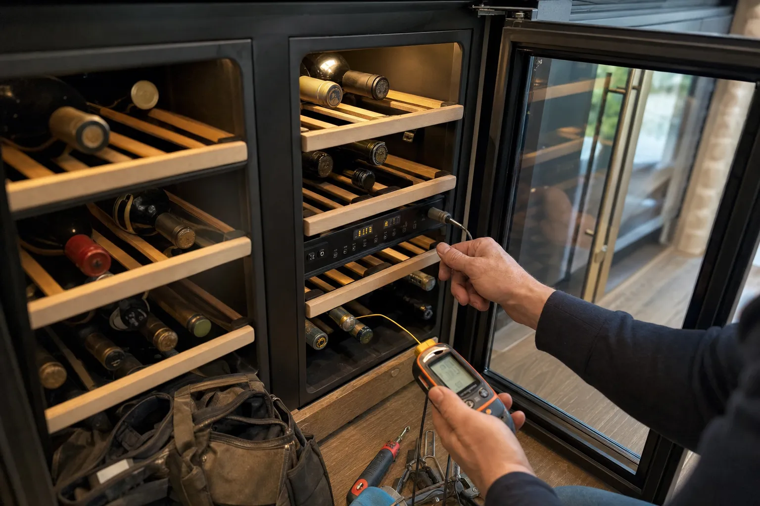 Digital thermometer probe held at the control panel of an open dual-zone wine cooler full of bottles