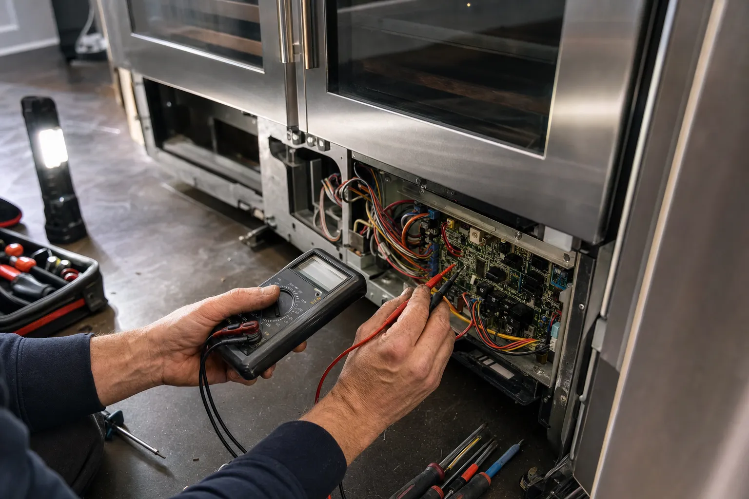 Multimeter probes on the exposed control board of a stainless glass-door cabinet, work light on the floor
