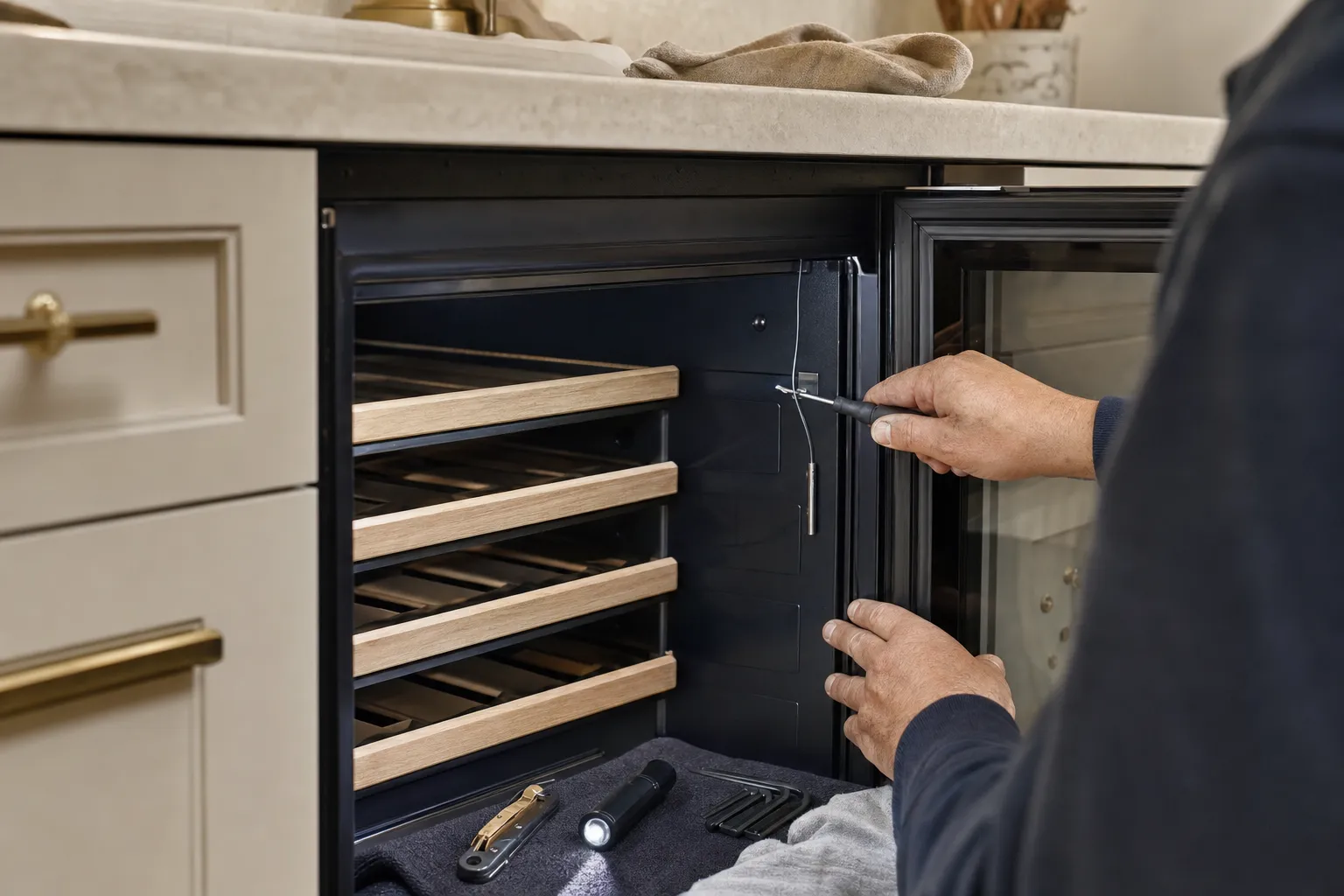 A hand with a small screwdriver at the hinge side of an open glass-door undercounter wine unit in cream cabinetry, a torch and hex keys on a towel