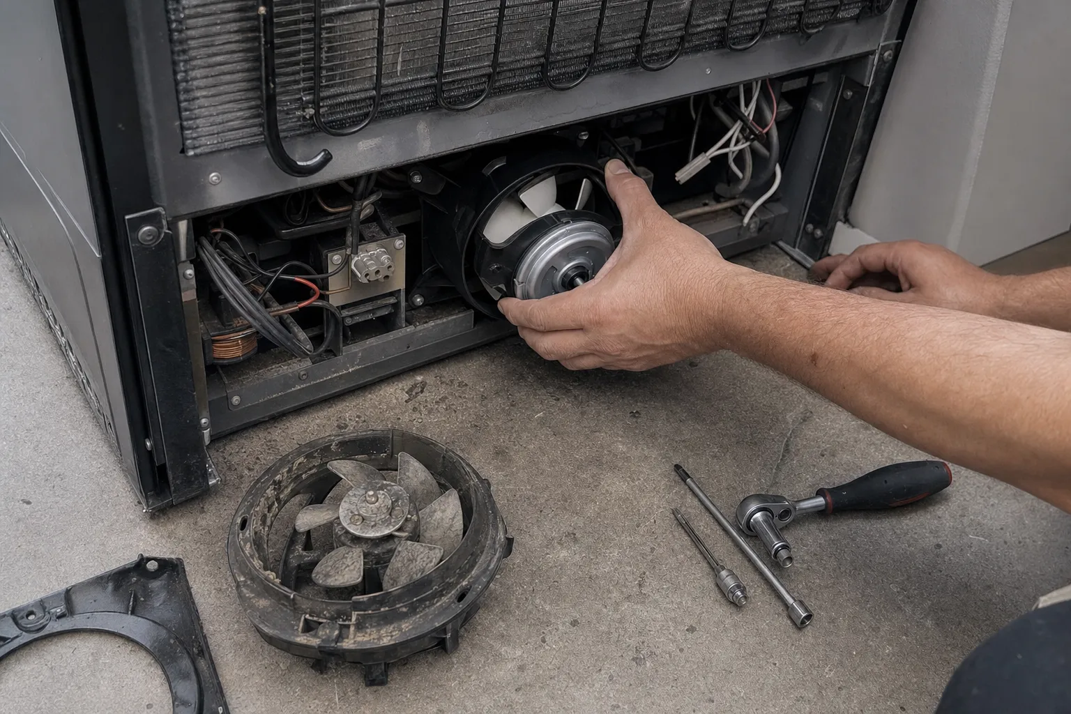 A hand seating a new fan motor below a wire condenser coil, the grimy old fan and a ratchet on a concrete floor