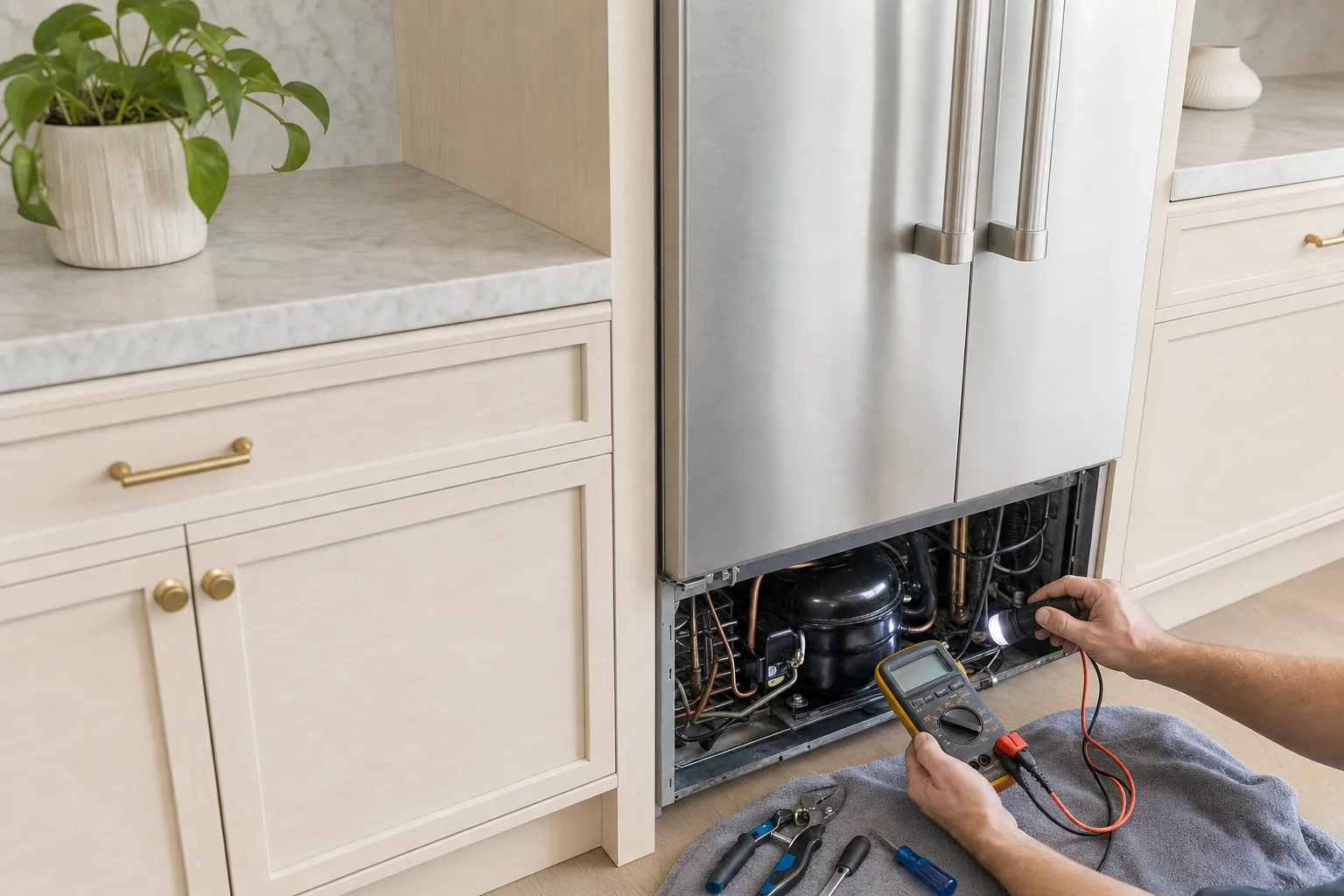 A two-door stainless built-in set flush between cream shaker cabinets with a marble top, base grille off and a meter in hand